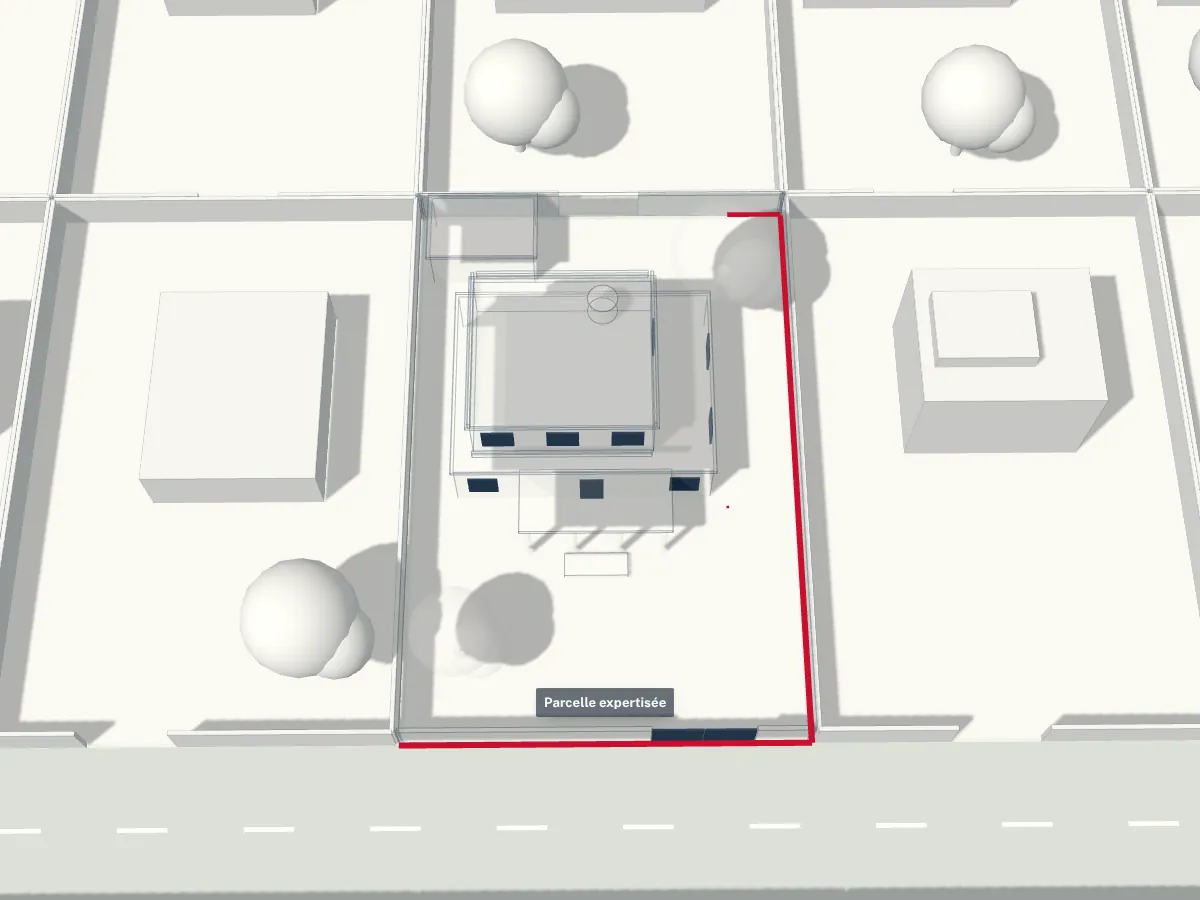 Vue en plan de la parcelle et de son contour cadastral, relevé en rouge